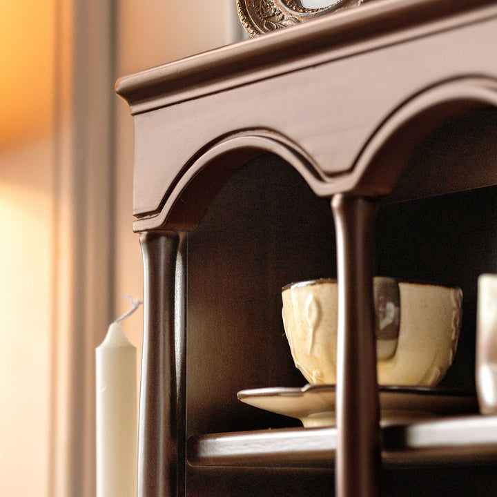 Vintage boxwood wood cup shelf vera in panoramic view.