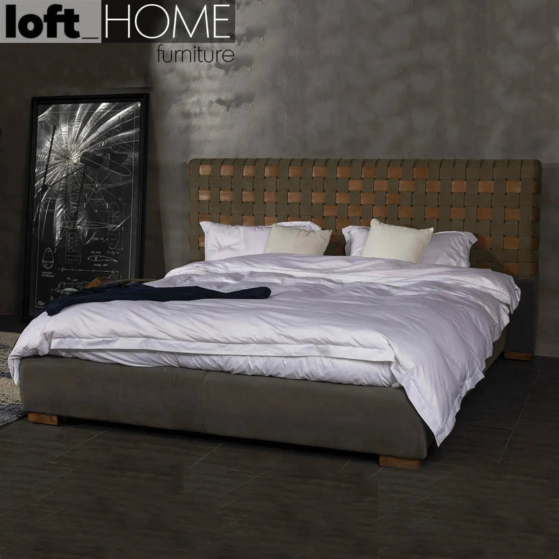 Vintage canvas and genuine leather bed frame canvasgrey in real life style.