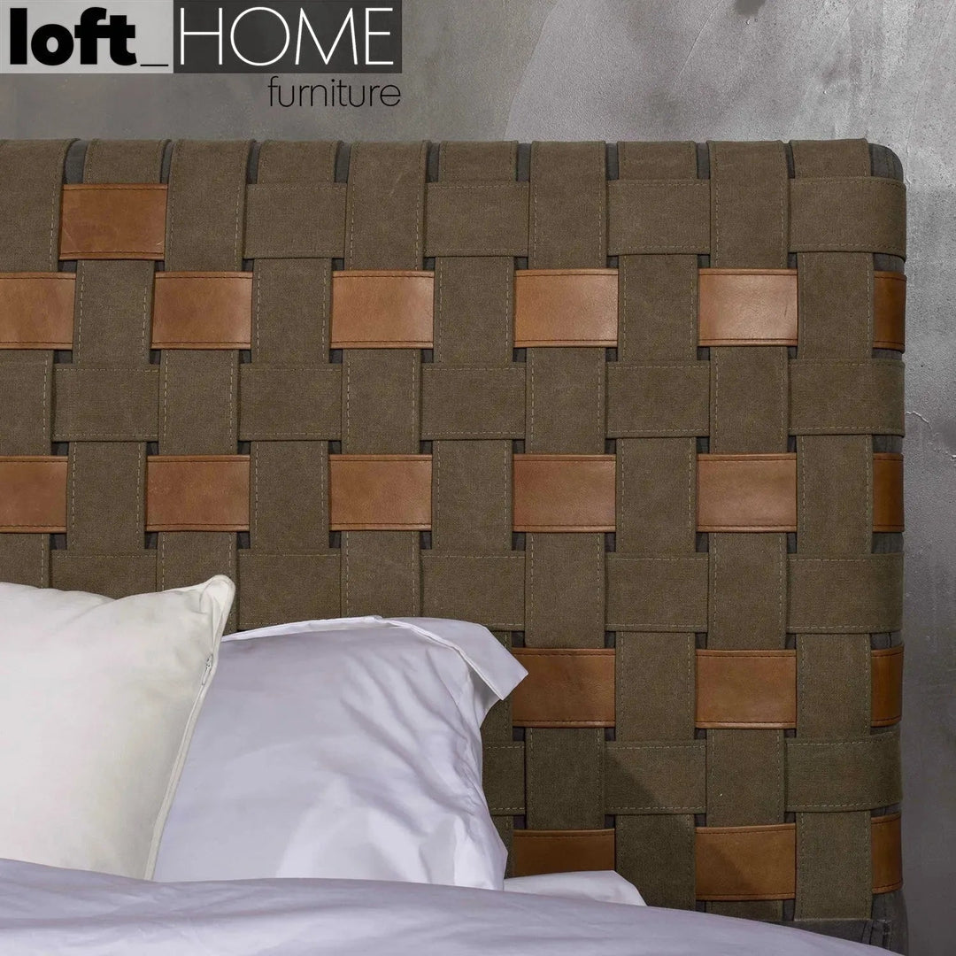 Vintage canvas and genuine leather bed frame canvasgrey in still life.
