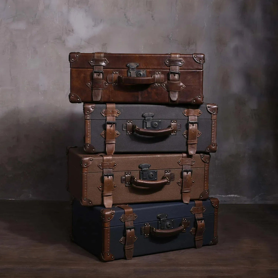 Vintage canvas and genuine leather side table suitcase trunk 1920s primary product view.