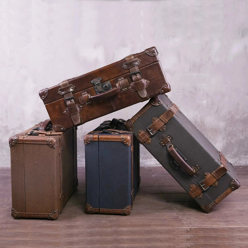 Vintage canvas and genuine leather side table suitcase trunk 1920s with context.