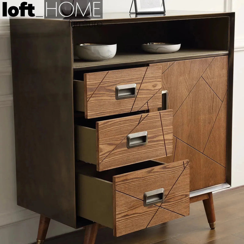 Vintage canvas and wooden storage cabinet vintage brass material variants.