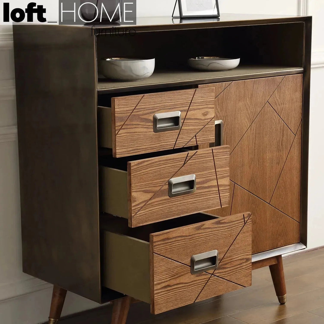 Vintage canvas and wooden storage cabinet vintage brass material variants.