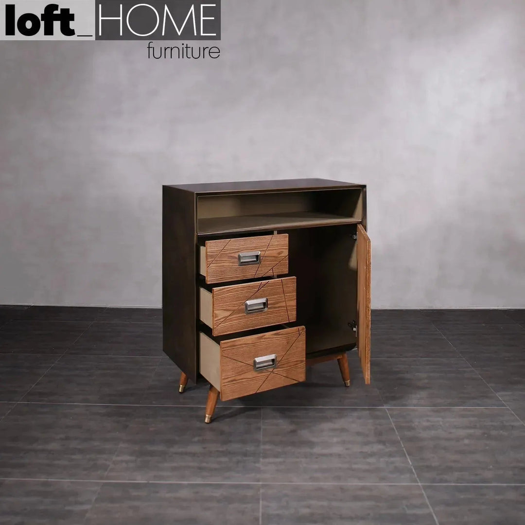 Vintage canvas and wooden storage cabinet vintage brass conceptual design.