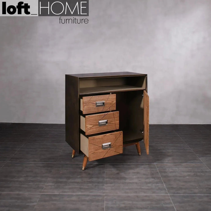 Vintage canvas and wooden storage cabinet vintage brass conceptual design.