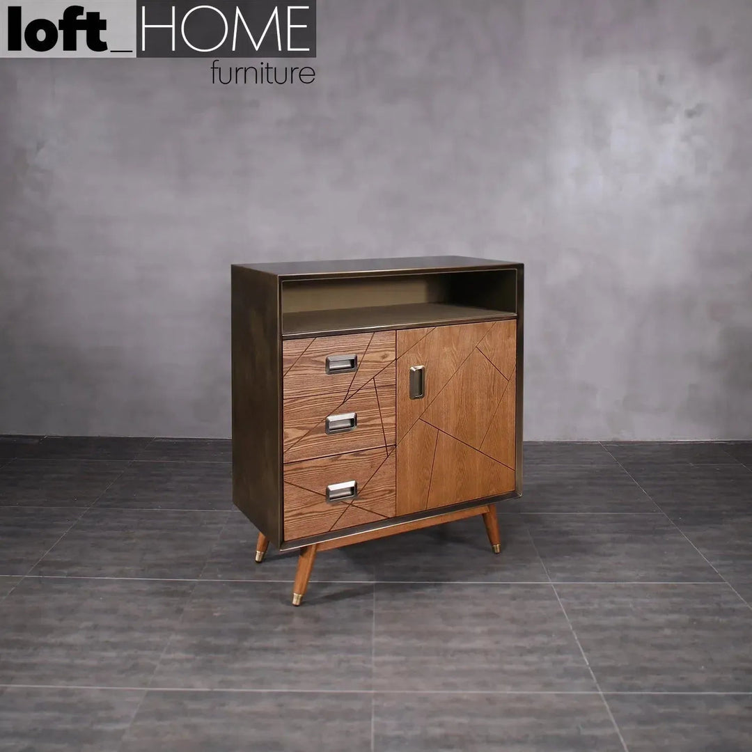 Vintage canvas and wooden storage cabinet vintage brass environmental situation.