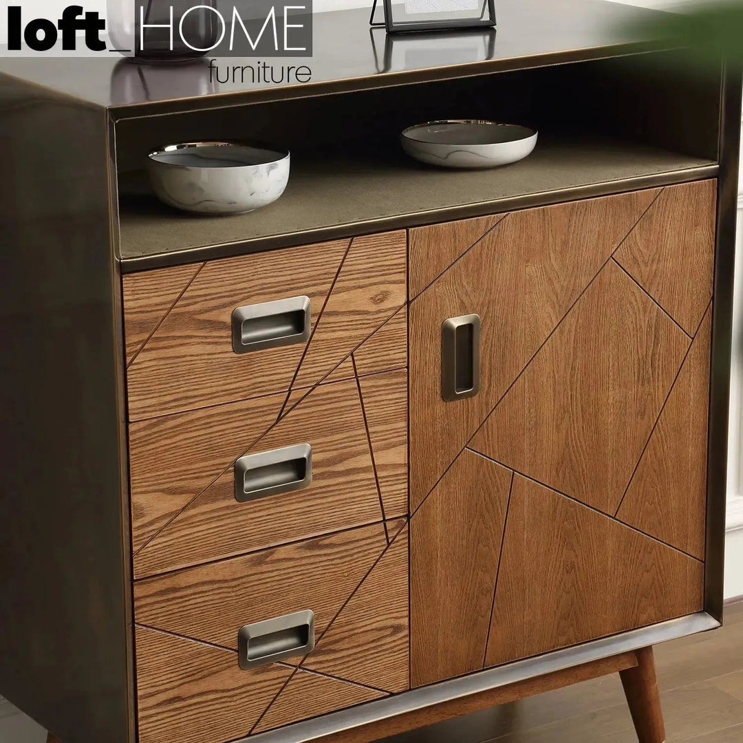 Vintage canvas and wooden storage cabinet vintage brass in real life style.
