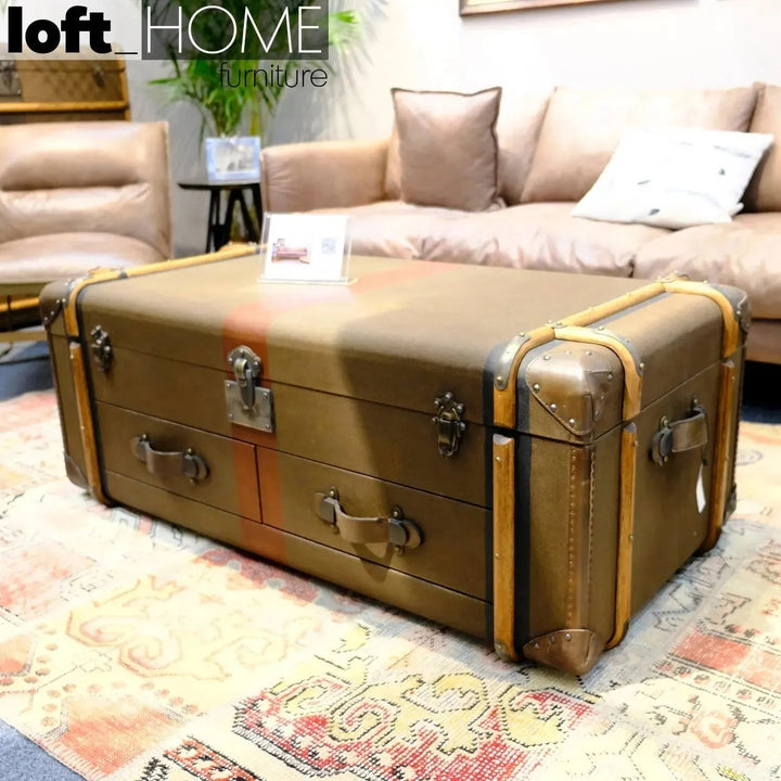 Vintage canvas coffee table richards' trunk in close up details.