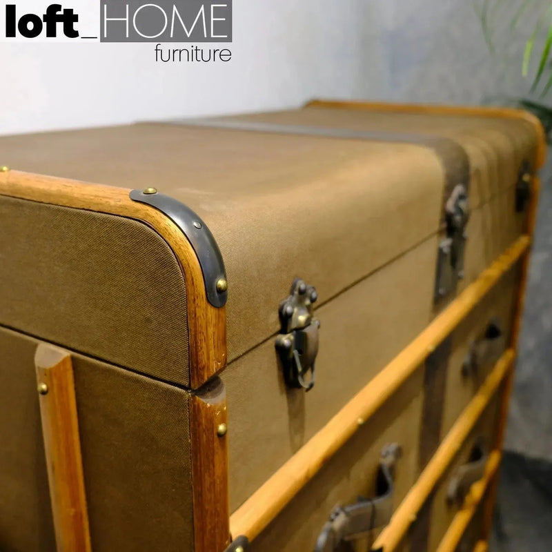 Vintage canvas drawer cabinet richards' trunk canvas in panoramic view.