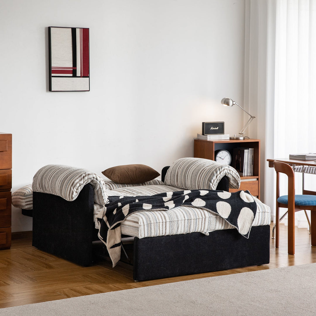 Vintage chenille velvet fabric 2 seater sofa bed ziru in close up details.