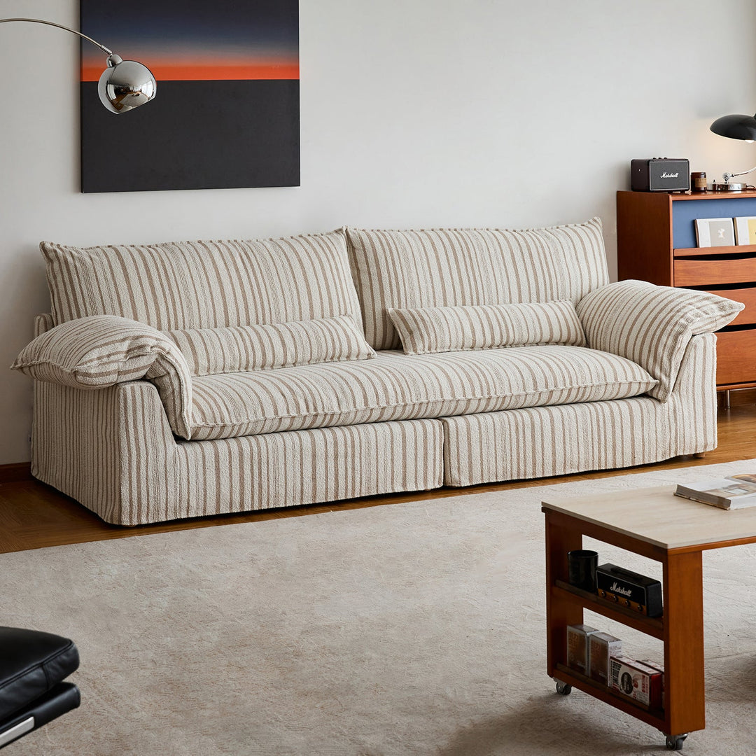 Bauhaus chenille velvet fabric 4 seater sofa koala in panoramic view.