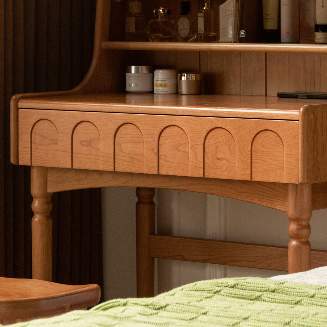 Vintage cherry wood dressing table anna in close up details.