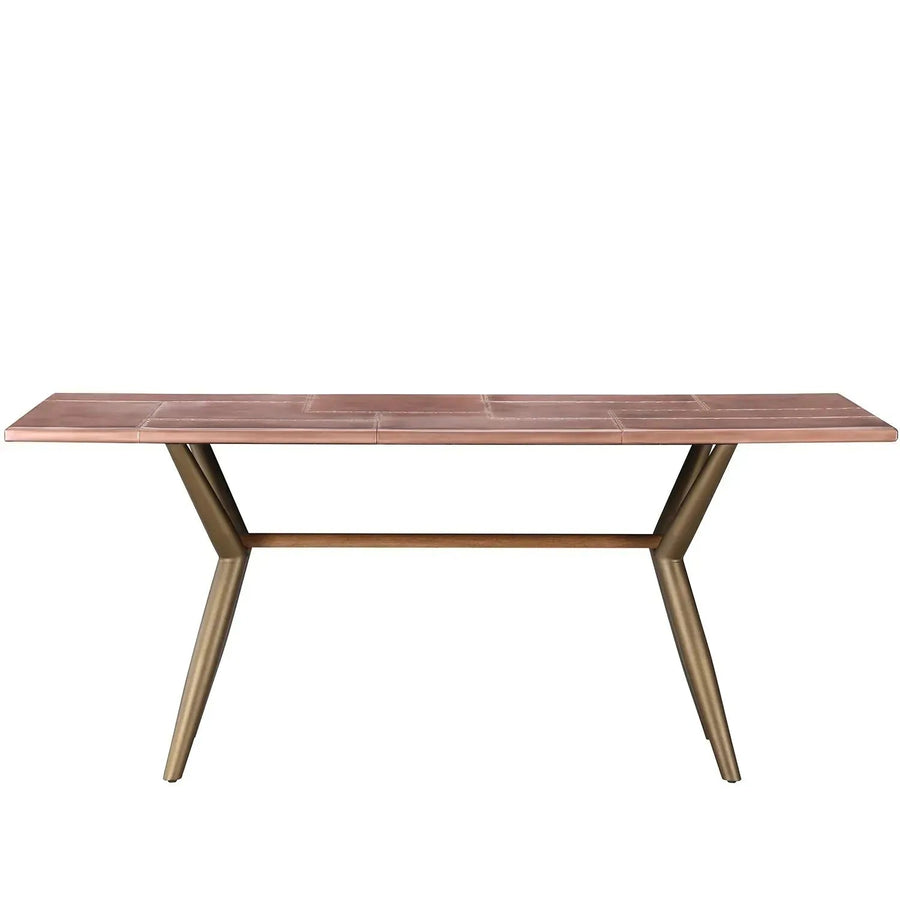 Industrial copper dining table lucien rose in white background.