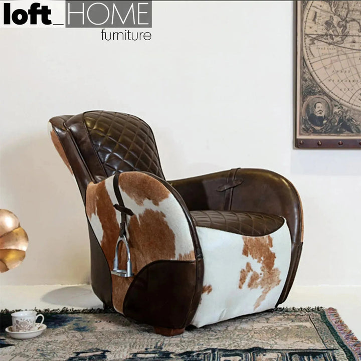 Vintage cowhair genuine leather 1 seater sofa moo layered structure.