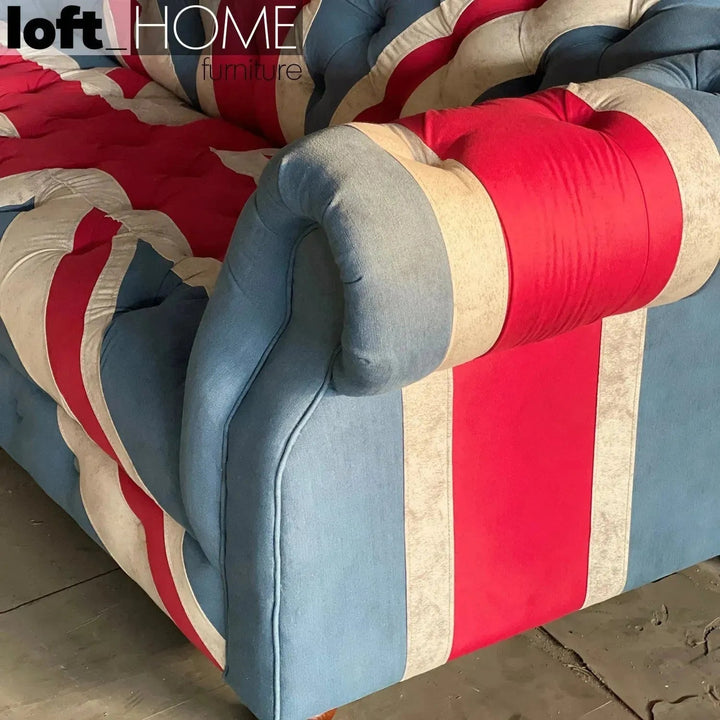 Vintage denim fabric 2 seater sofa union jack chesterfield in details.