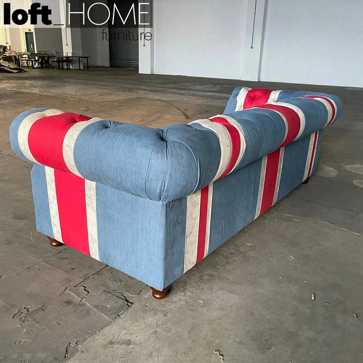 Vintage denim fabric 3 seater sofa union jack chesterfield in details.