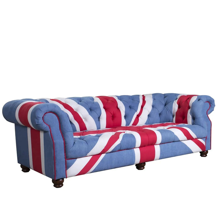 Vintage denim fabric 3 seater sofa union jack chesterfield conceptual design.