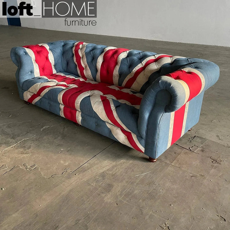 Vintage denim fabric 3 seater sofa union jack chesterfield in real life style.
