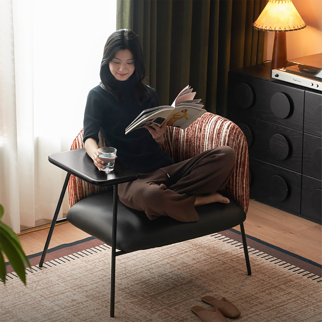 Vintage fabric microfiber leather 1 seater sofa with shelf ravon in close up details.