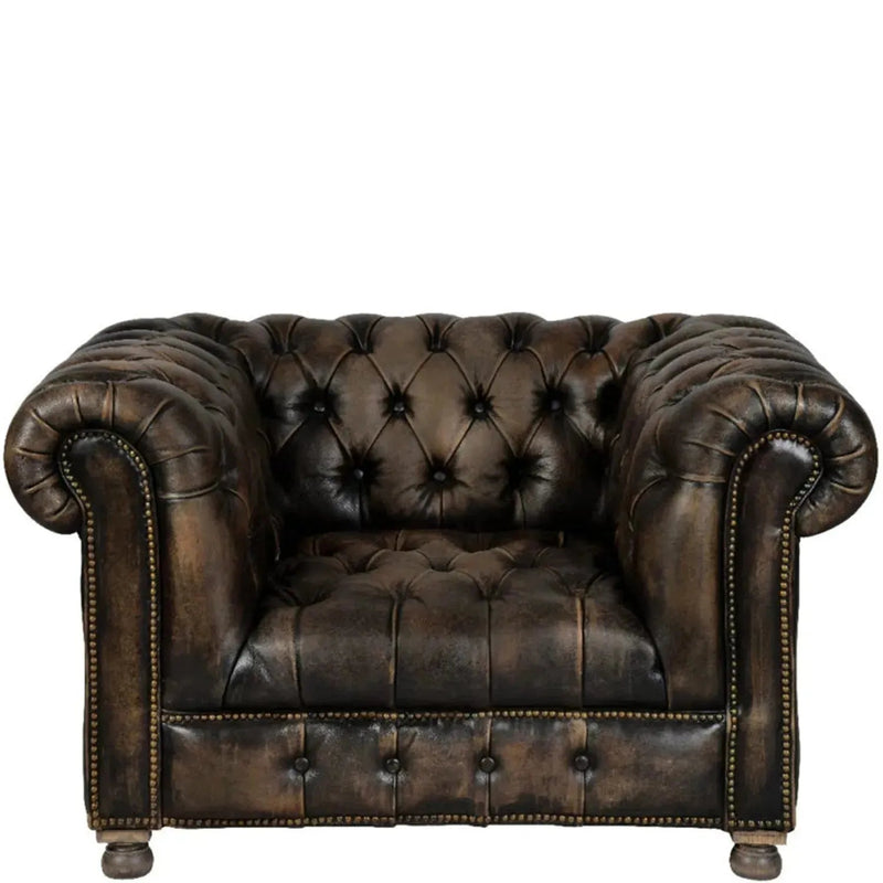Vintage genuine leather 1 seater sofa chesterfield button in white background.