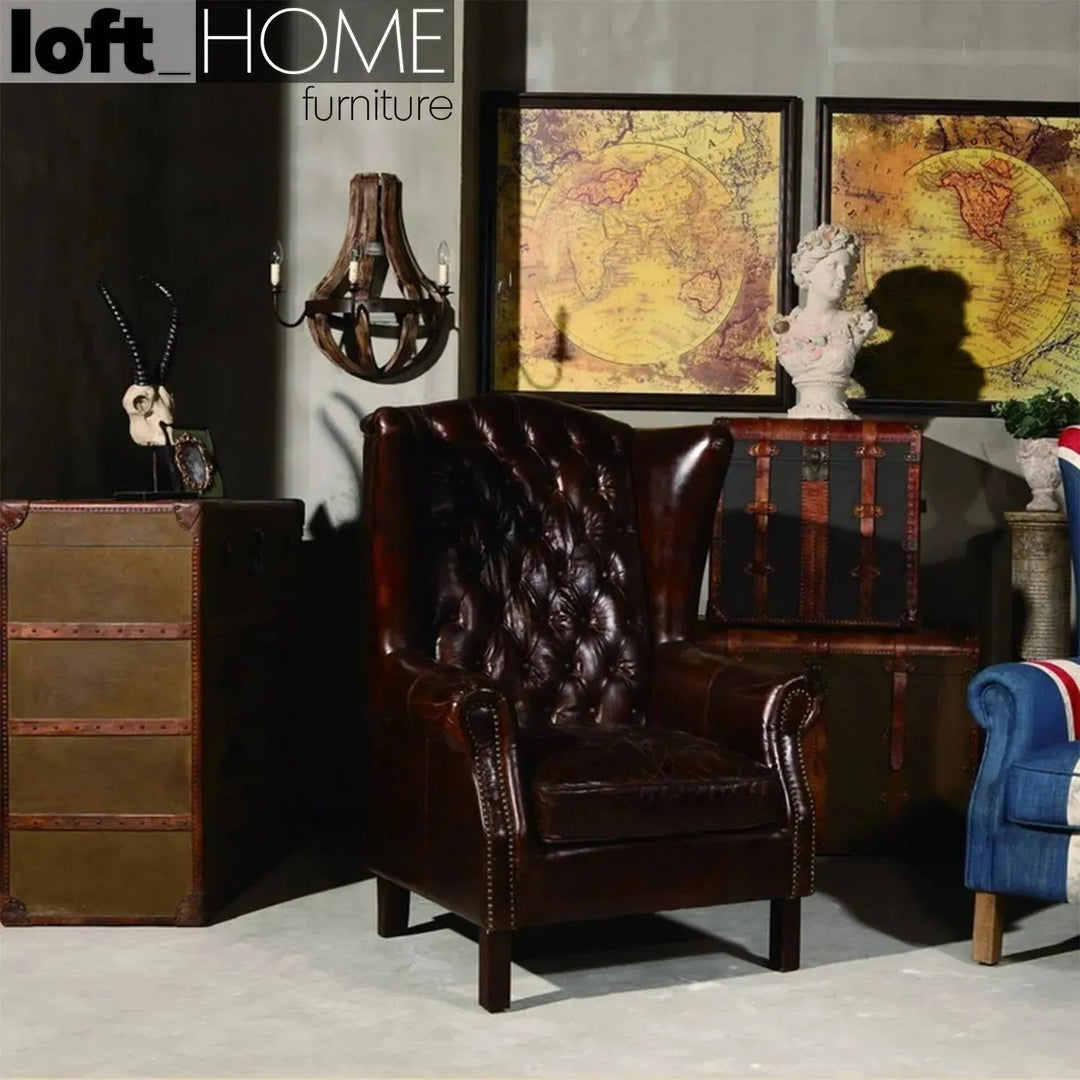 Vintage genuine leather 1 seater sofa wing l in details.