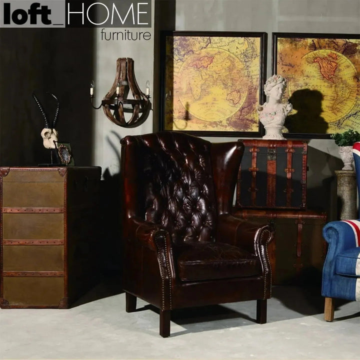 Vintage genuine leather 1 seater sofa wing l in details.