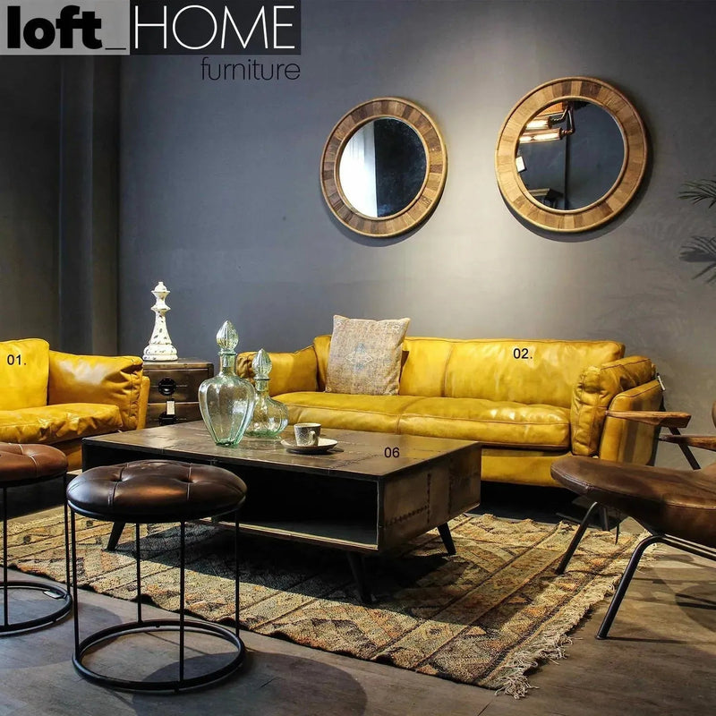 Vintage genuine leather 2 seater sofa magina in panoramic view.