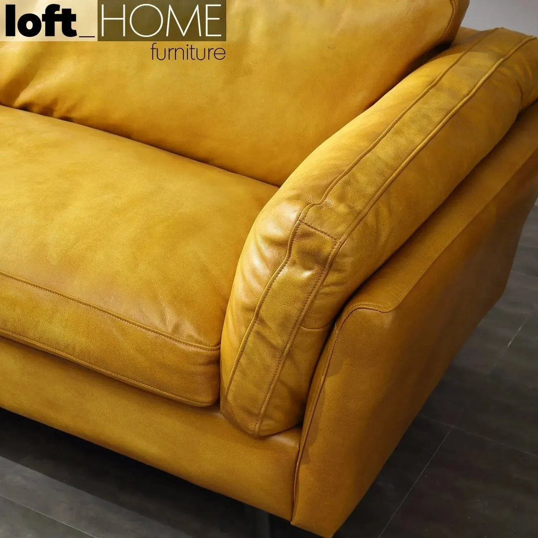 Vintage genuine leather 2 seater sofa magina in close up details.