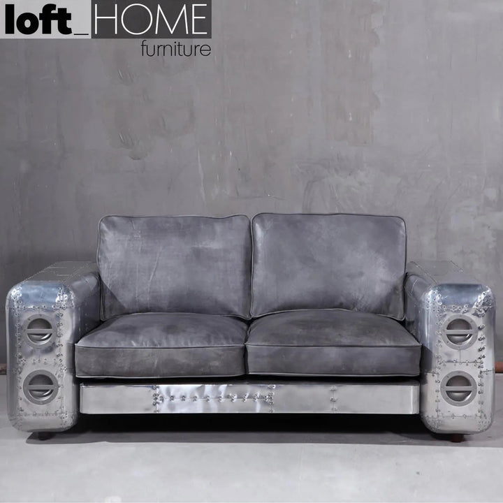 Industrial genuine leather 2 seater sofa silver aircraft in details.