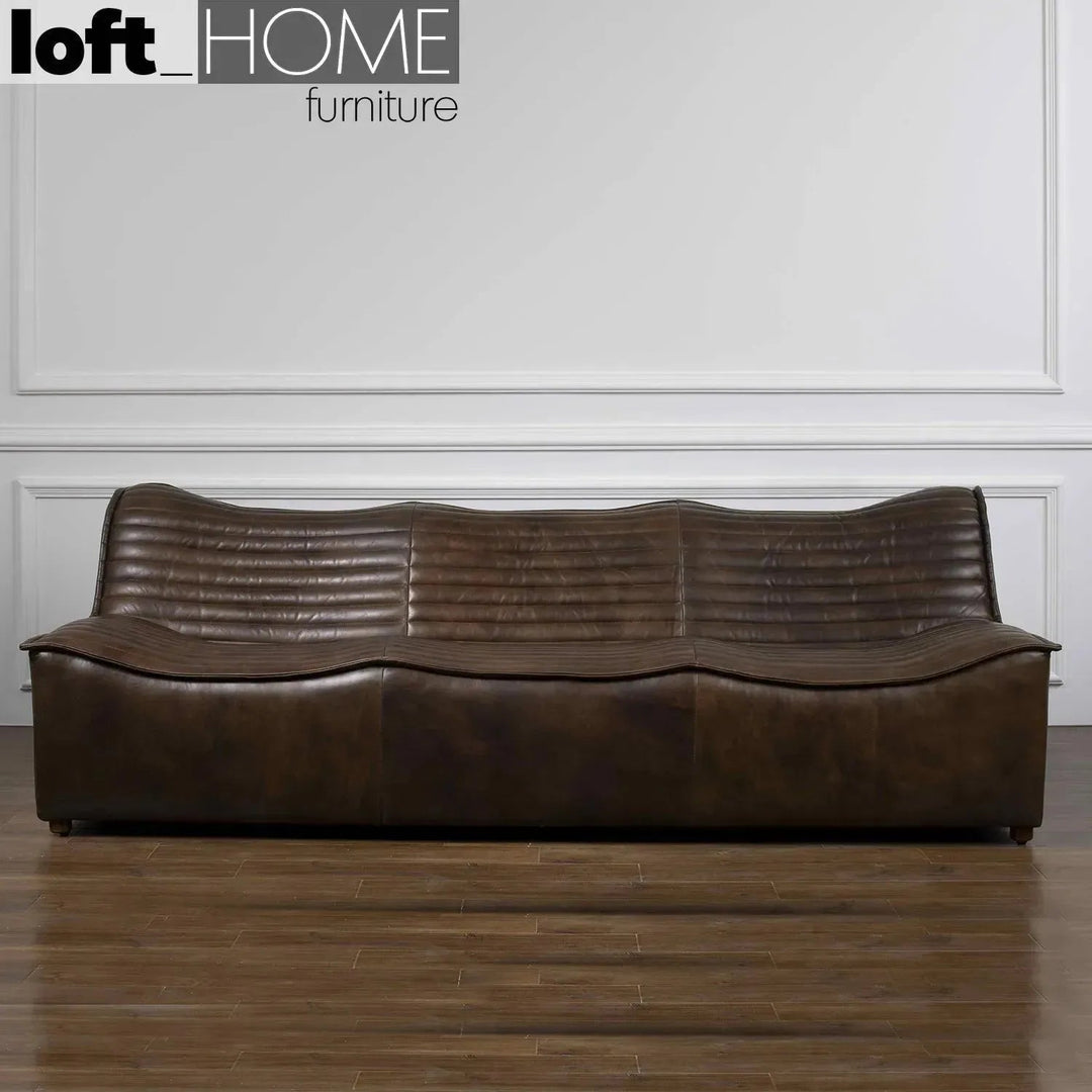 Vintage genuine leather 3 seater sofa airmaster in panoramic view.