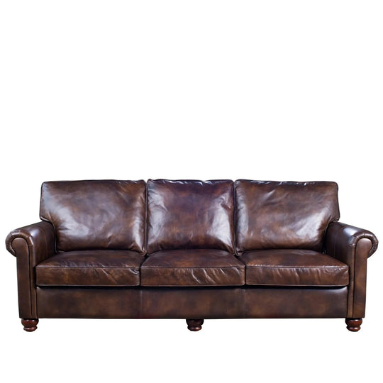 Vintage genuine leather 3 seater sofa antimas in white background.