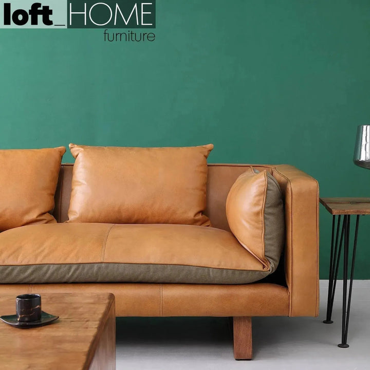 Vintage genuine leather 3 seater sofa canvas nut in details.