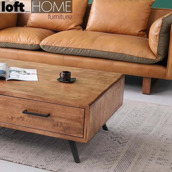 Vintage genuine leather 3 seater sofa canvas nut in panoramic view.
