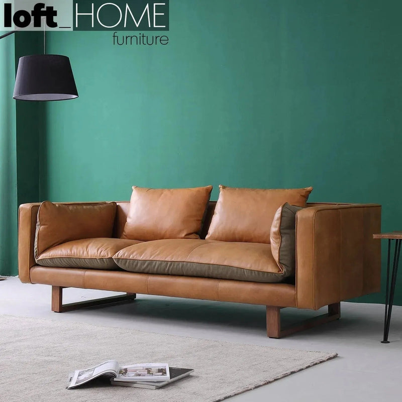 Vintage genuine leather 3 seater sofa canvas nut with context.