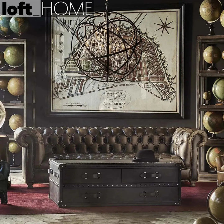 Vintage genuine leather 3 seater sofa chesterfield button in real life style.