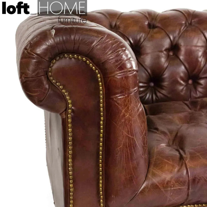 Vintage genuine leather 3 seater sofa chesterfield button conceptual design.