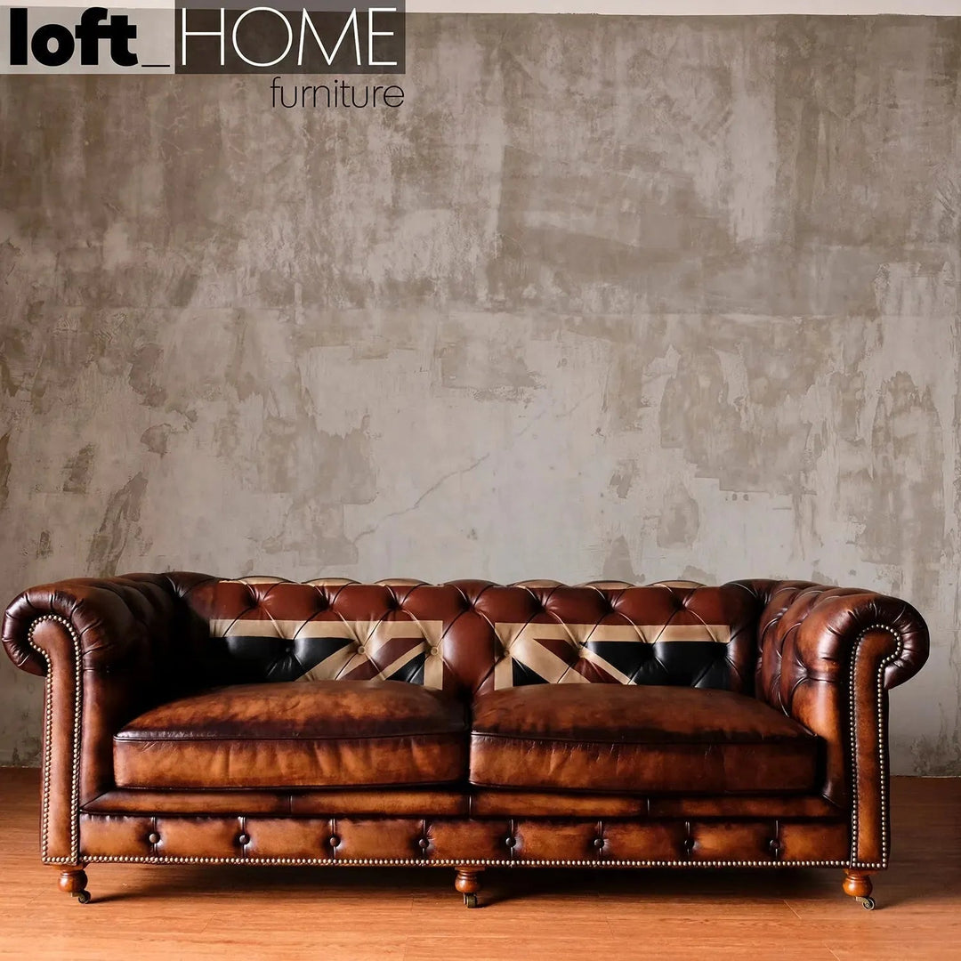 Vintage genuine leather 3 seater sofa chesterfield union jack primary product view.