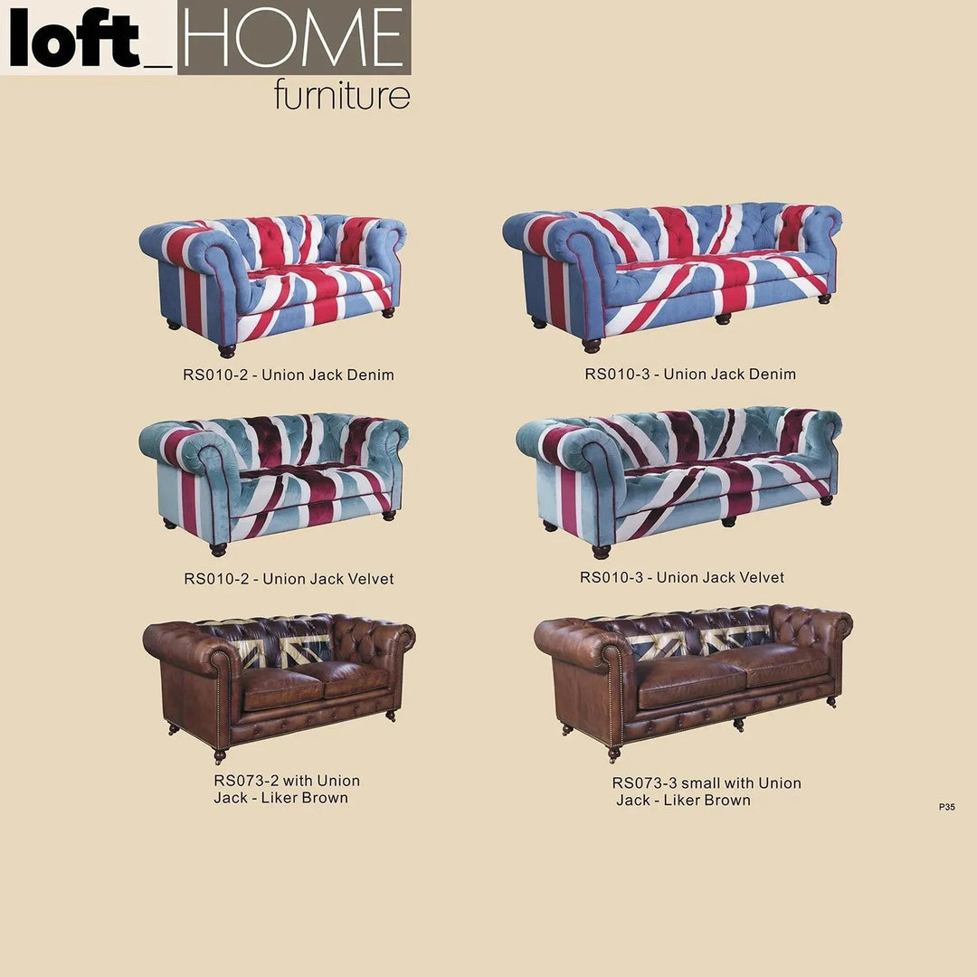 Vintage genuine leather 3 seater sofa chesterfield union jack in real life style.
