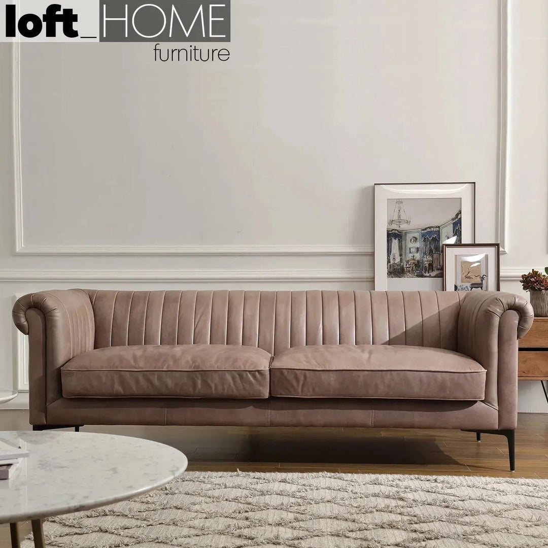 Vintage genuine leather 3 seater sofa elis in details.