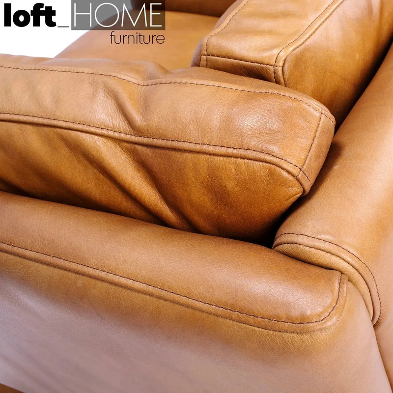 Vintage genuine leather 3 seater sofa reggio in panoramic view.
