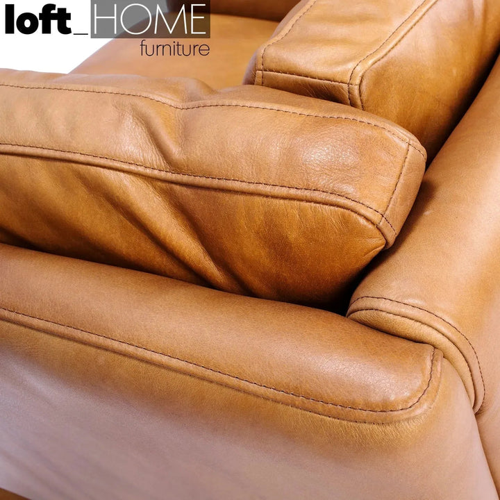 Vintage genuine leather 3 seater sofa reggio in panoramic view.