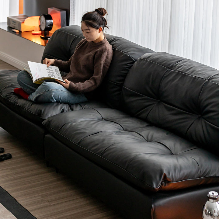 Vintage genuine leather 3 seater sofa riga in panoramic view.