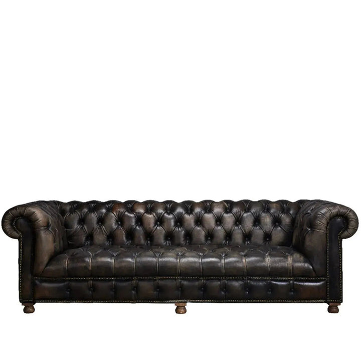 Vintage genuine leather 4 seater sofa chesterfield button in white background.