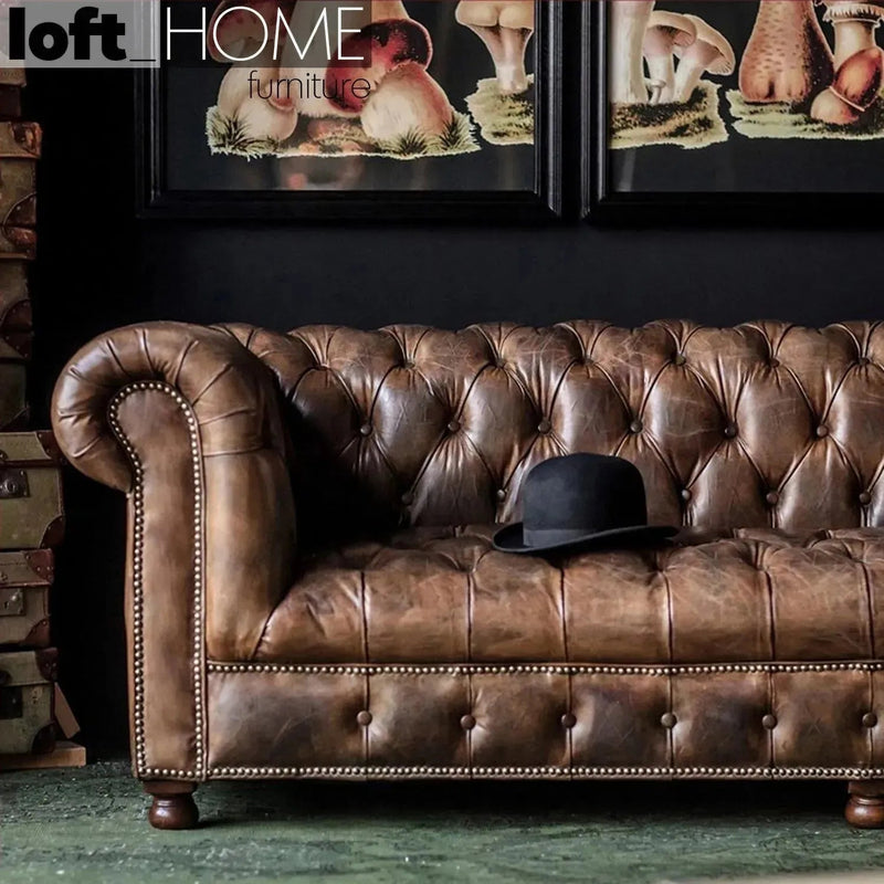 Vintage genuine leather 4 seater sofa chesterfield button environmental situation.