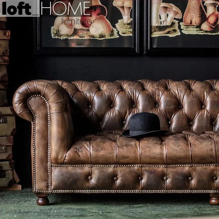 Vintage genuine leather 4 seater sofa chesterfield button environmental situation.