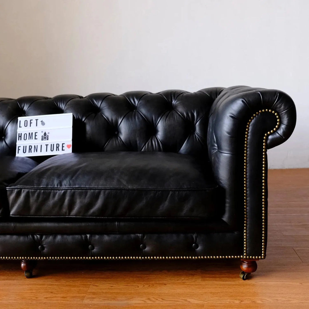 Vintage genuine leather 4 seater sofa chesterfield classic in real life style.