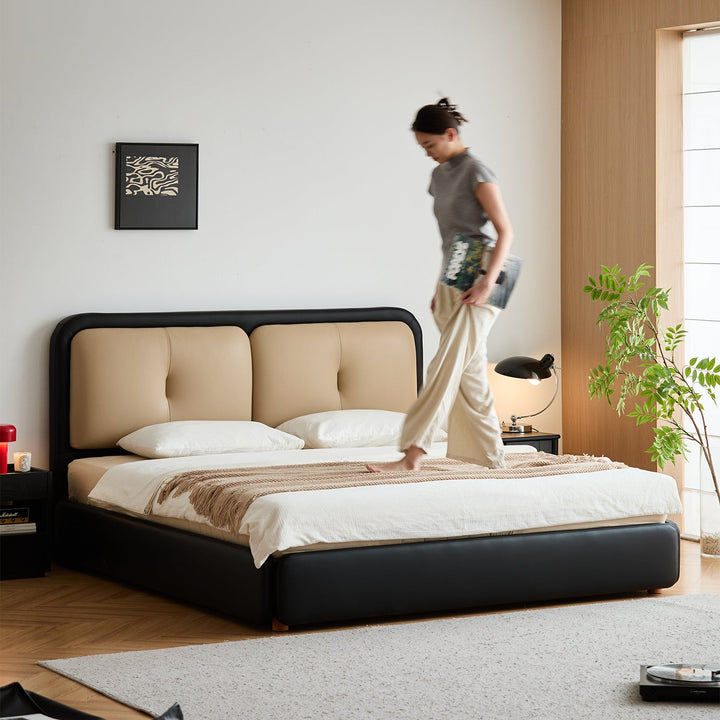 Vintage genuine leather bed cove in panoramic view.