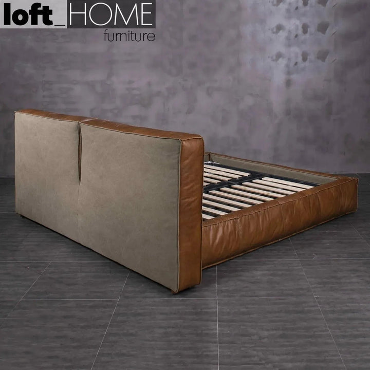Vintage genuine leather bed frame antique master in details.