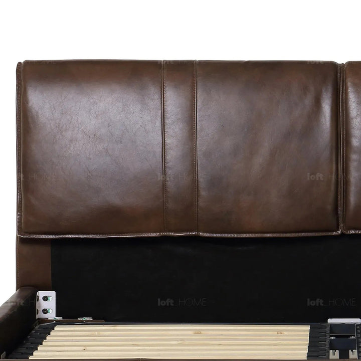 Vintage genuine leather bed frame saddleback in still life.