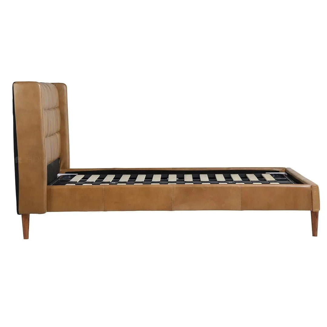 Vintage genuine leather bed frame tuxedo in close up details.